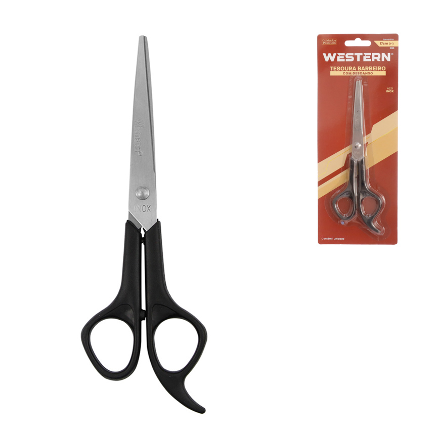 TESOURA DE BARBEIRO COM DESCANSO PRETO 7"
