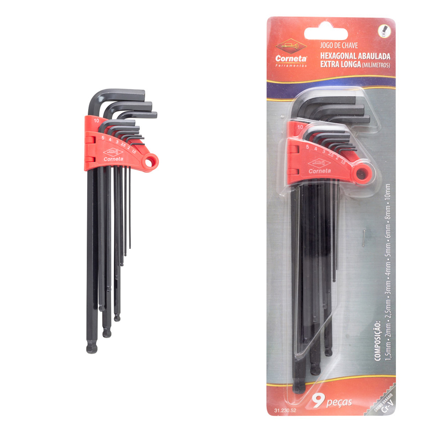 CHAVE ALLEN ABAULADA EXTRA LONGA 1,5 A 10MM 9 PECAS