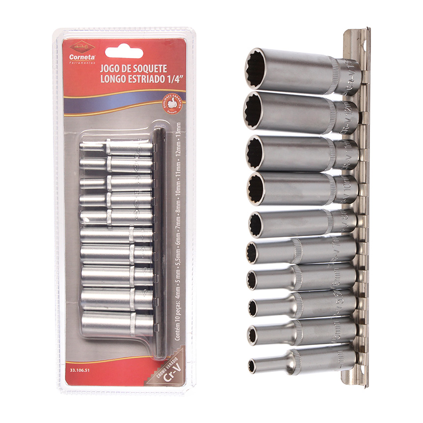 JOGO DE SOQUETE LONGO ESTRIADO 1/4" 10 PECAS