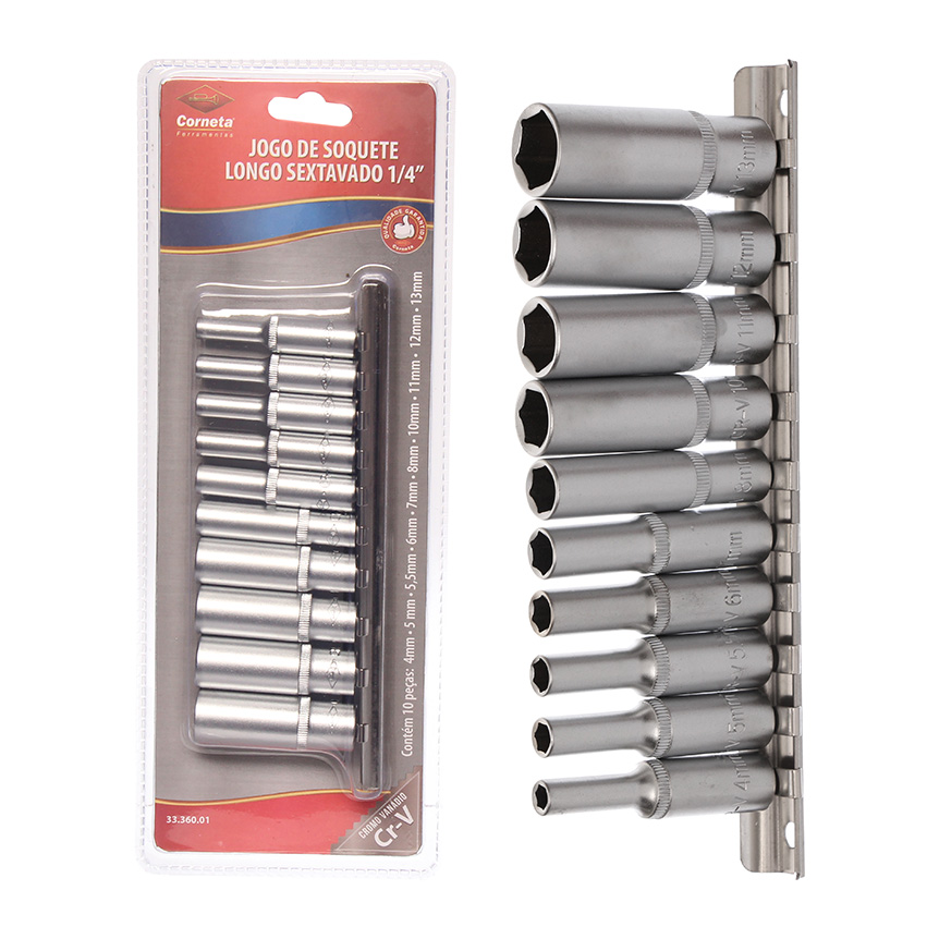 JOGO DE SOQUETE LONGO SEXTAVADO 1/4" 10 PECAS