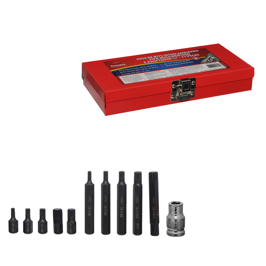 JOGO DE BITS INTERCAMBIAVEIS TIPO MULTIDENTADO E ADAPTADOR 1/2" 11PCS