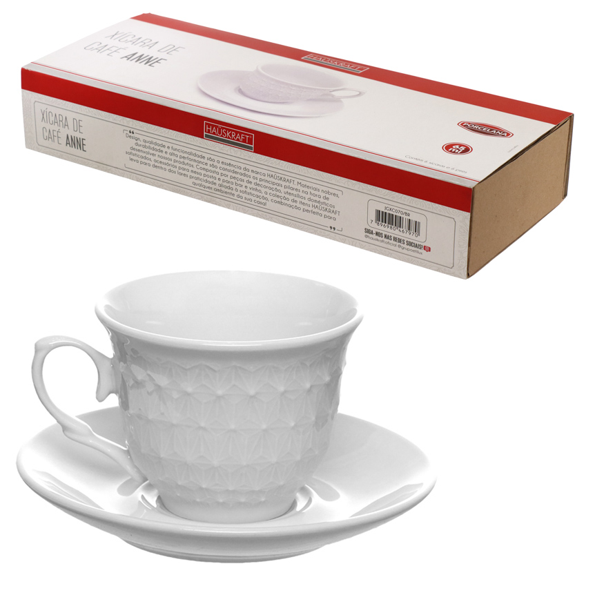 XICARA COM PIRES PARA CAFE DE PORCELANA ANNE BRANCA 65ML 6 PECAS