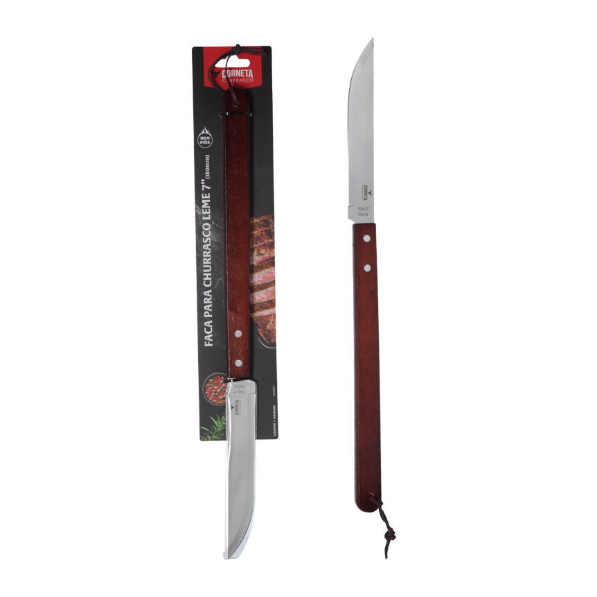 FACA PARA CHURRASCO DE INOX COM CABO DE MADEIRA LEME 7"