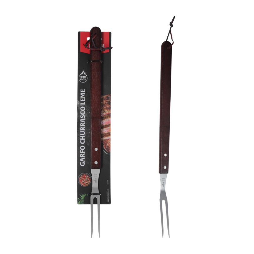 GARFO PARA CHURRASCO DE INOX COM CABO DE MADEIRA LEME 47CM