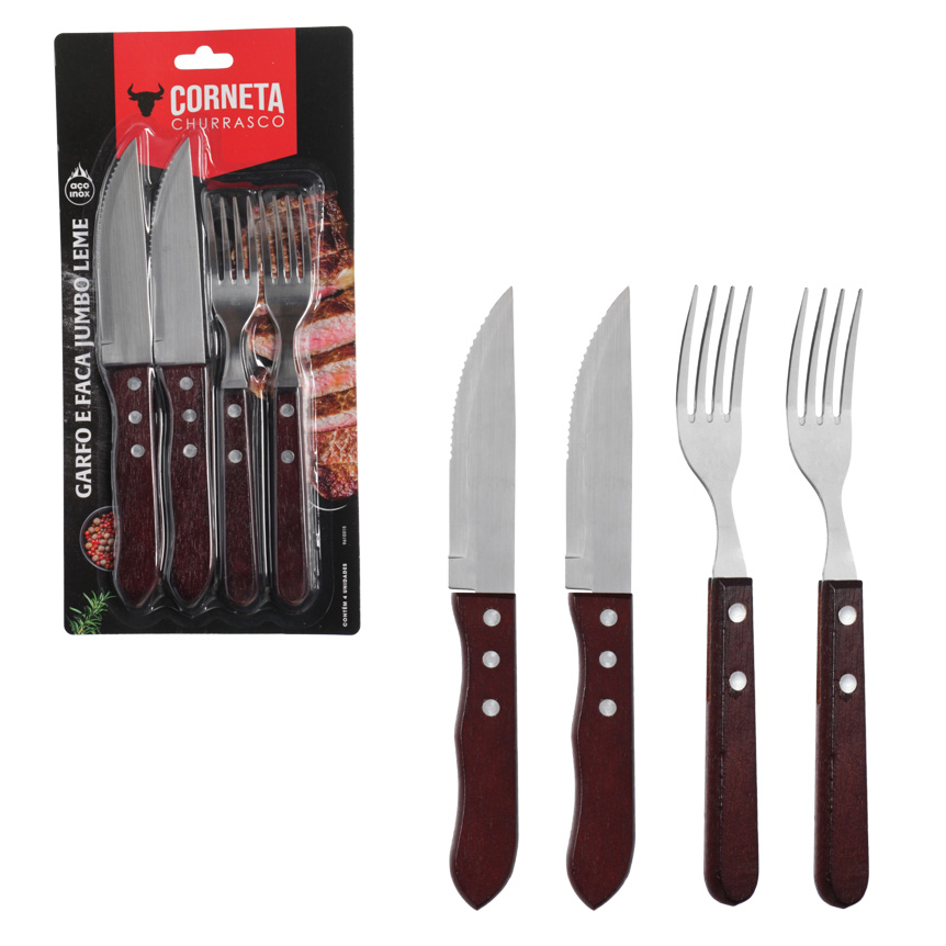 GARFO E FACA JUMBO PARA CHURRASCO DE INOX COM CABO DE MADEIRA LEME 4 PECAS