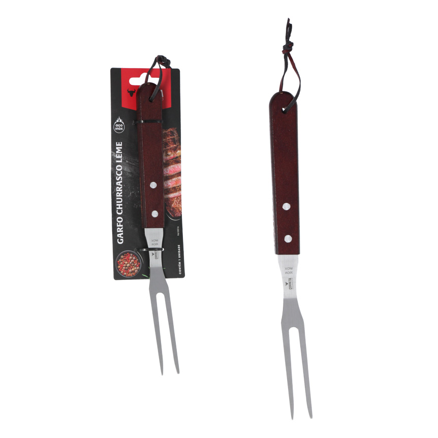 GARFO PARA CHURRASCO DE INOX COM CABO DE MADEIRA LEME 30CM