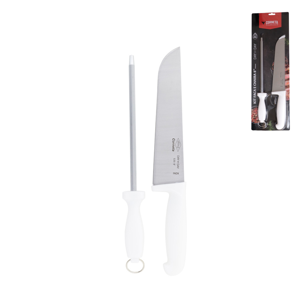 FACA E CHAIRA DE INOX COM CABO BRANCO DAY BY DAY 8"
