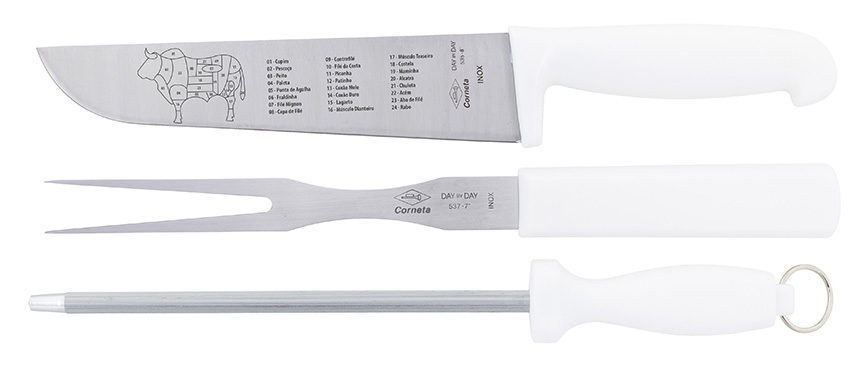 FACA CHAIRA E GARFO DE INOX COM CABO BRANCO DAY BY DAY 8"