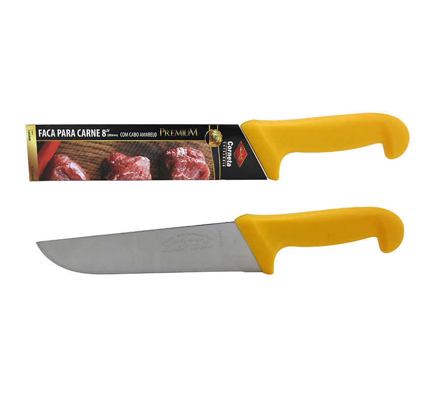 FACA PARA CARNE DE INOX COM CABO AMARELO PREMIUM 8"