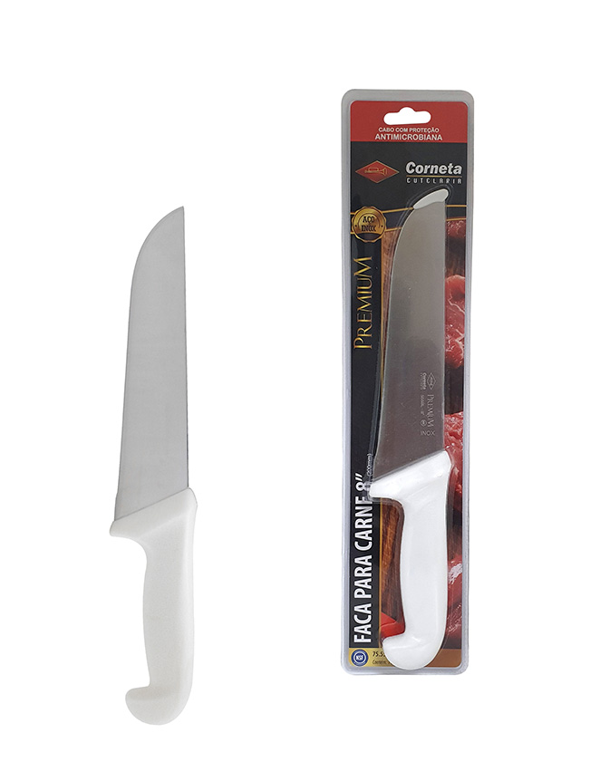 FACA PARA CARNE DE INOX COM CABO BRANCO PREMIUM 8"