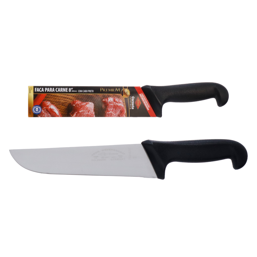 FACA PARA CARNE DE INOX COM CABO PRETO PREMIUM 8"