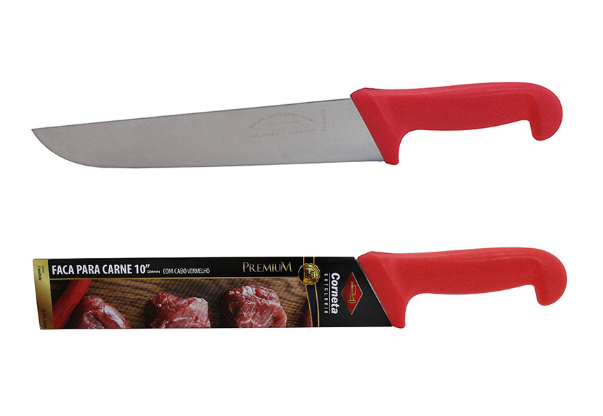 FACA PARA CARNE DE INOX COM CABO VERMELHO PREMIUM 10"