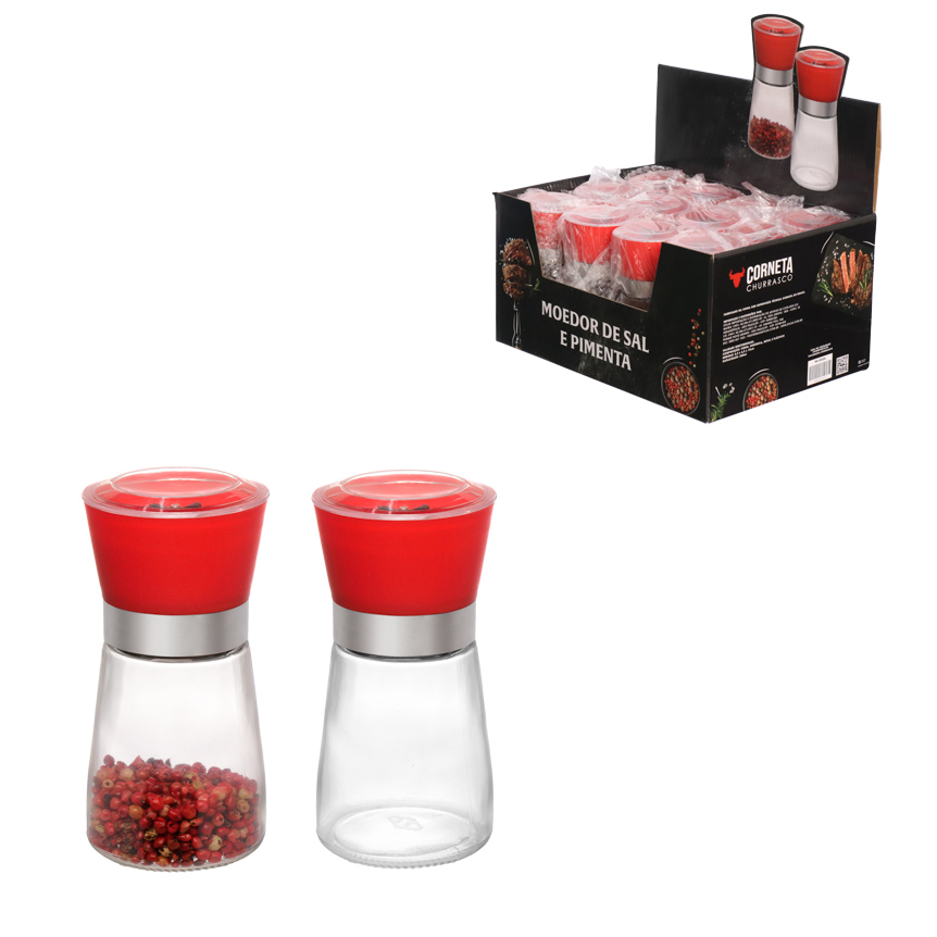 MOEDOR PARA SAL E PIMENTA DE VIDRO 170ML VERMELHO 12 PECAS NO DISPLAY