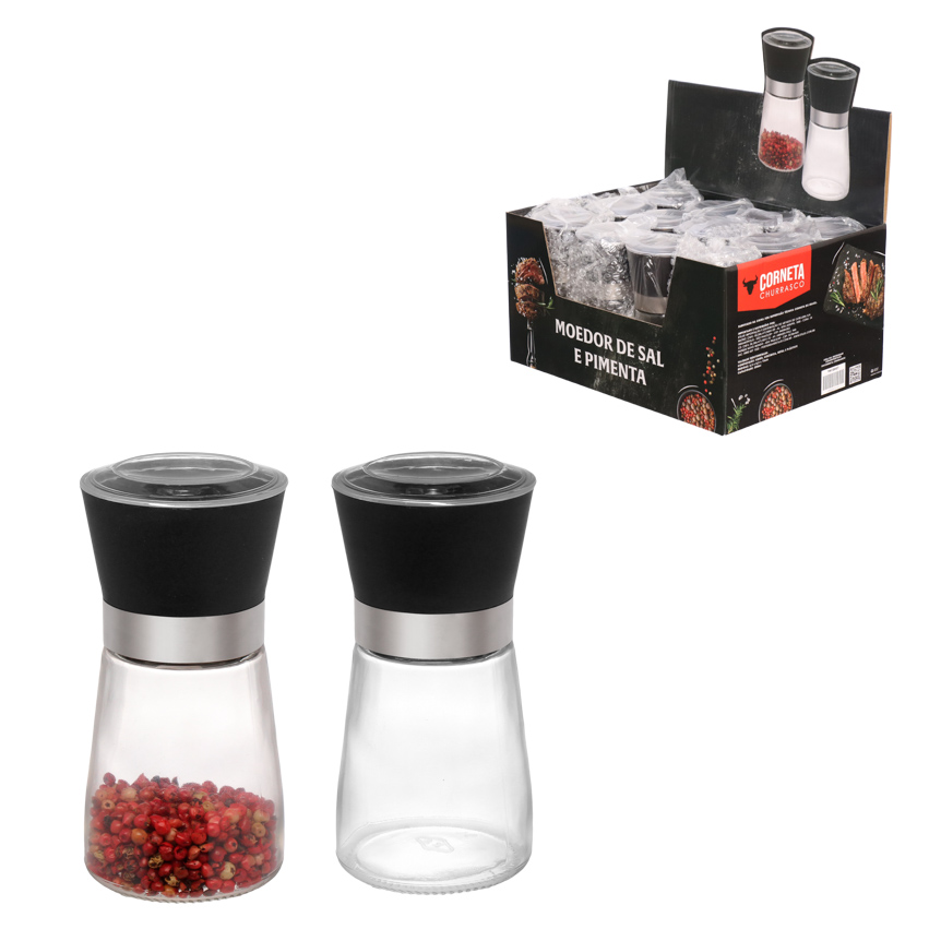 MOEDOR PARA SAL E PIMENTA DE VIDRO 170ML PRETO 12 PECAS NO DISPLAY