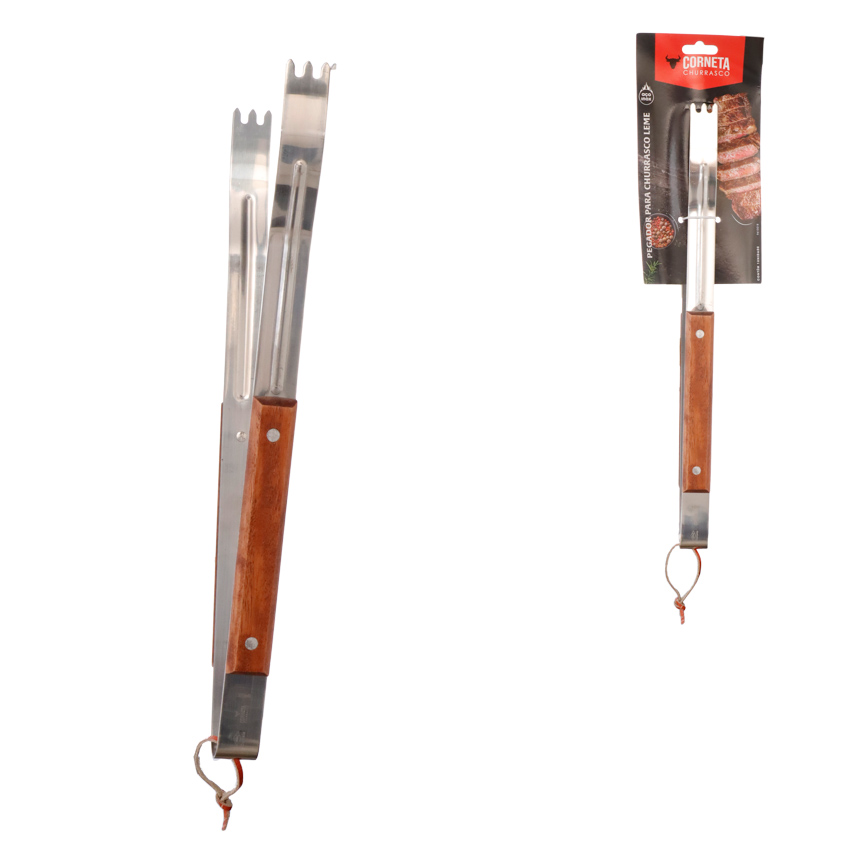 PEGADOR PARA CHURRASCO DE INOX COM CABO DE MADEIRA LEME 38CM