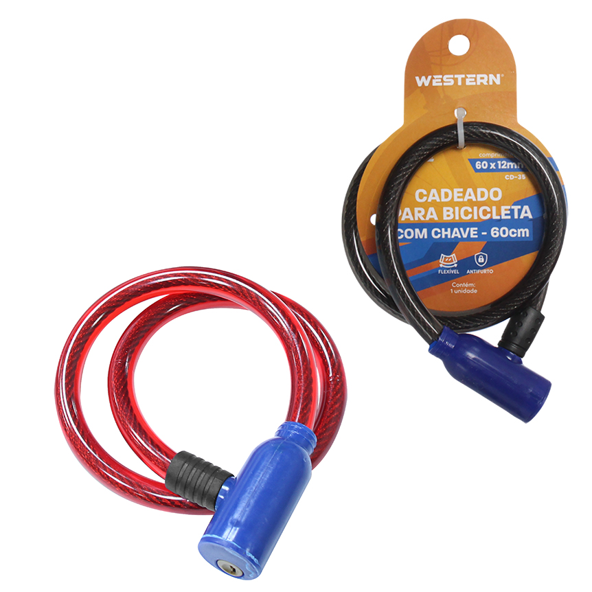CADEADO FLEXIVEL ANTIFURTO PARA BIKE COM CHAVE 60CM X 12MM