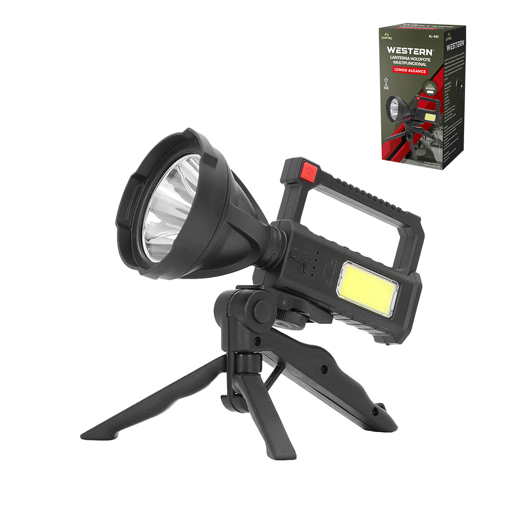 LANTERNA HOLOFOTE MULTIFUNCIONAL COM LED LATERAL USB