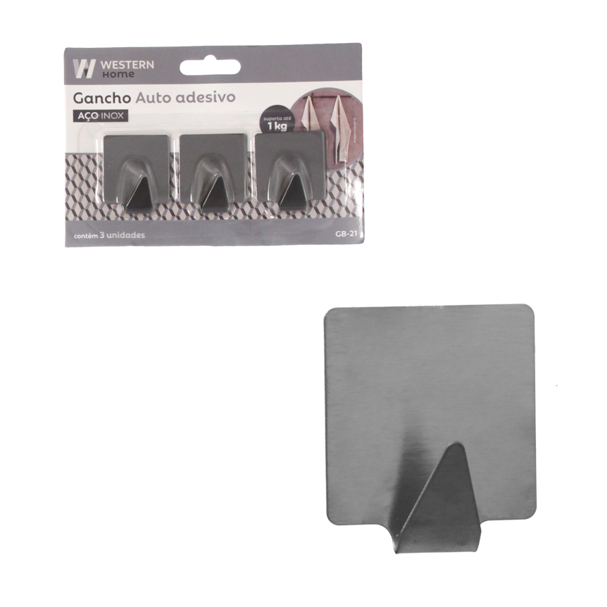 GANCHO ADESIVO INOX QUADR 3PC