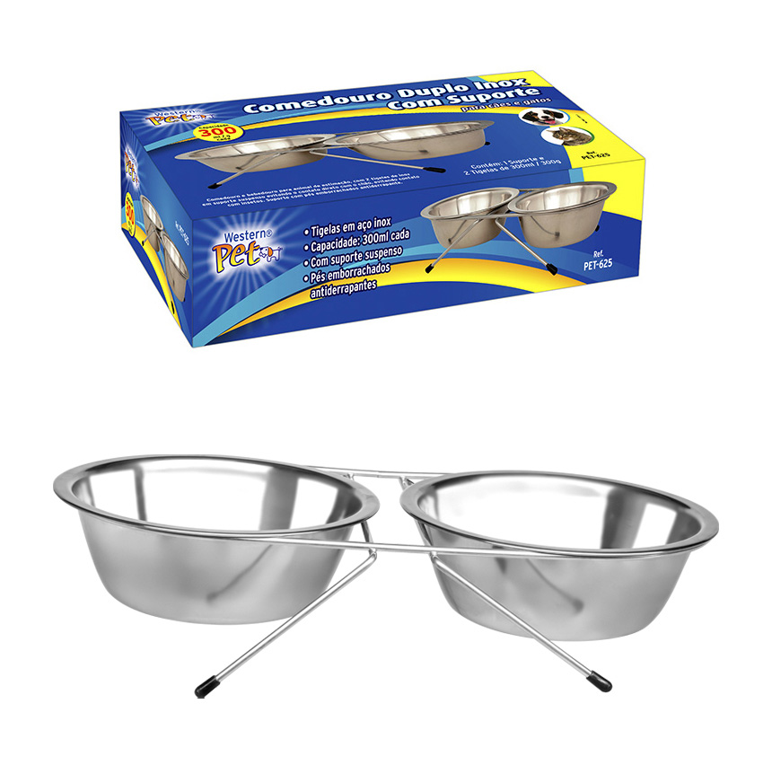 COMEDOURO DUPLO COM SUPORTE DE INOX 300ML