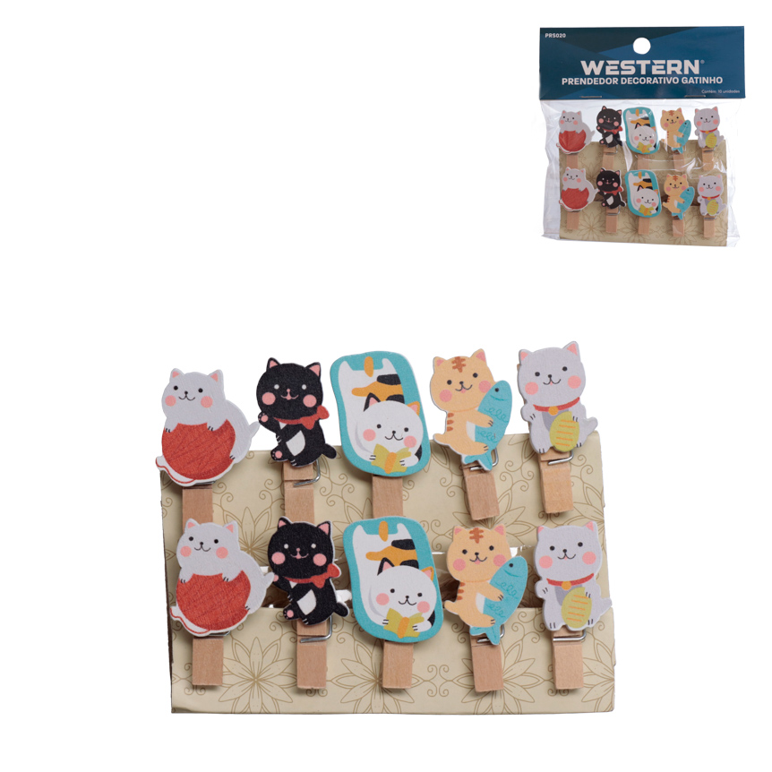 PRENDEDOR DECORATIVO GATINHO DE MADEIRA 10 PECAS