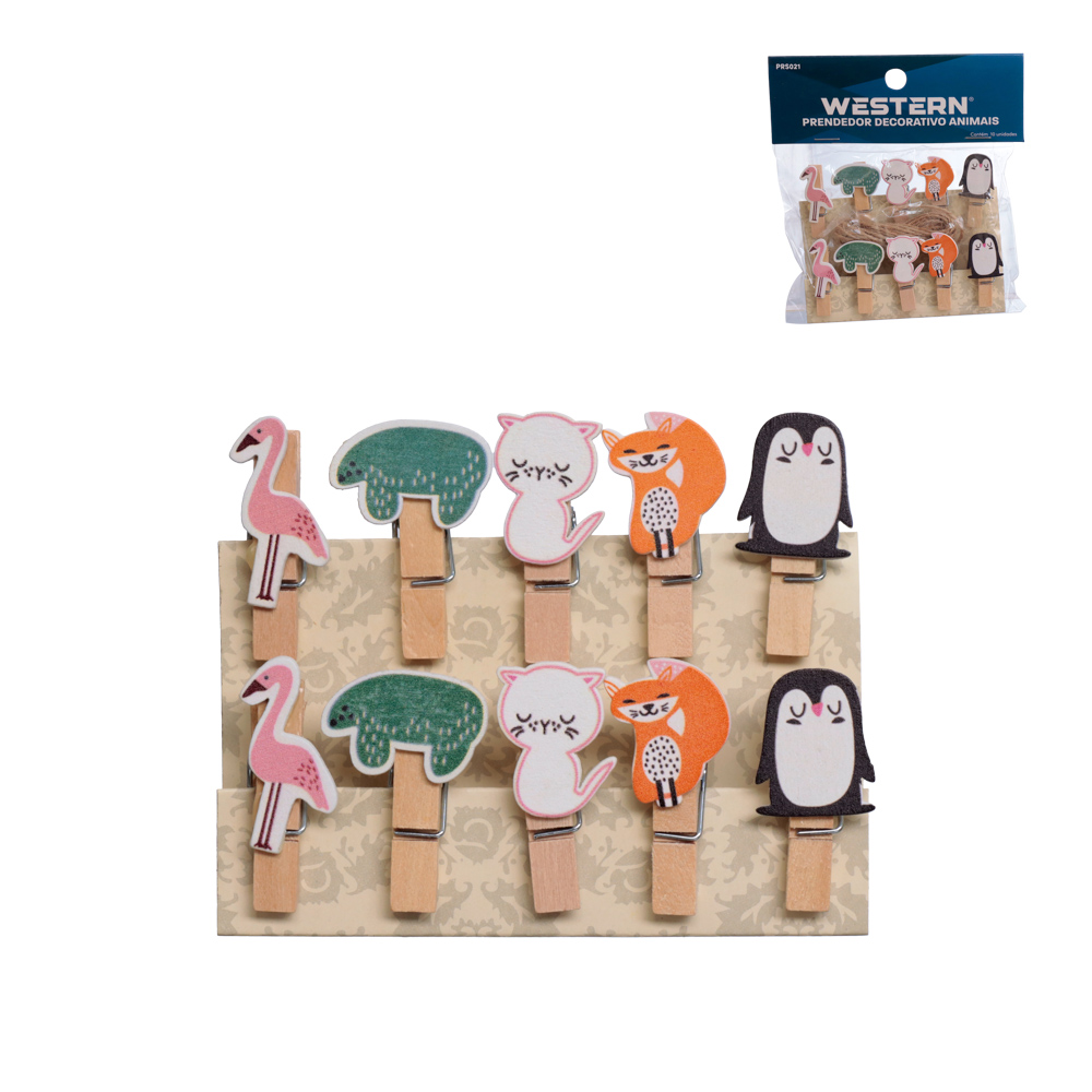 PRENDEDOR DECORATIVO ANIMAIS DE MADEIRA 10 PECAS