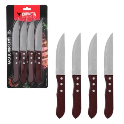 FACA JUMBO PARA CHURRASCO DE INOX COM CABO DE MADEIRA LEME 4 PECAS