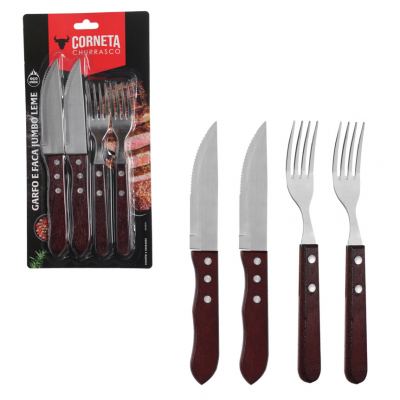 GARFO E FACA JUMBO PARA CHURRASCO DE INOX COM CABO DE MADEIRA LEME 4 PECAS