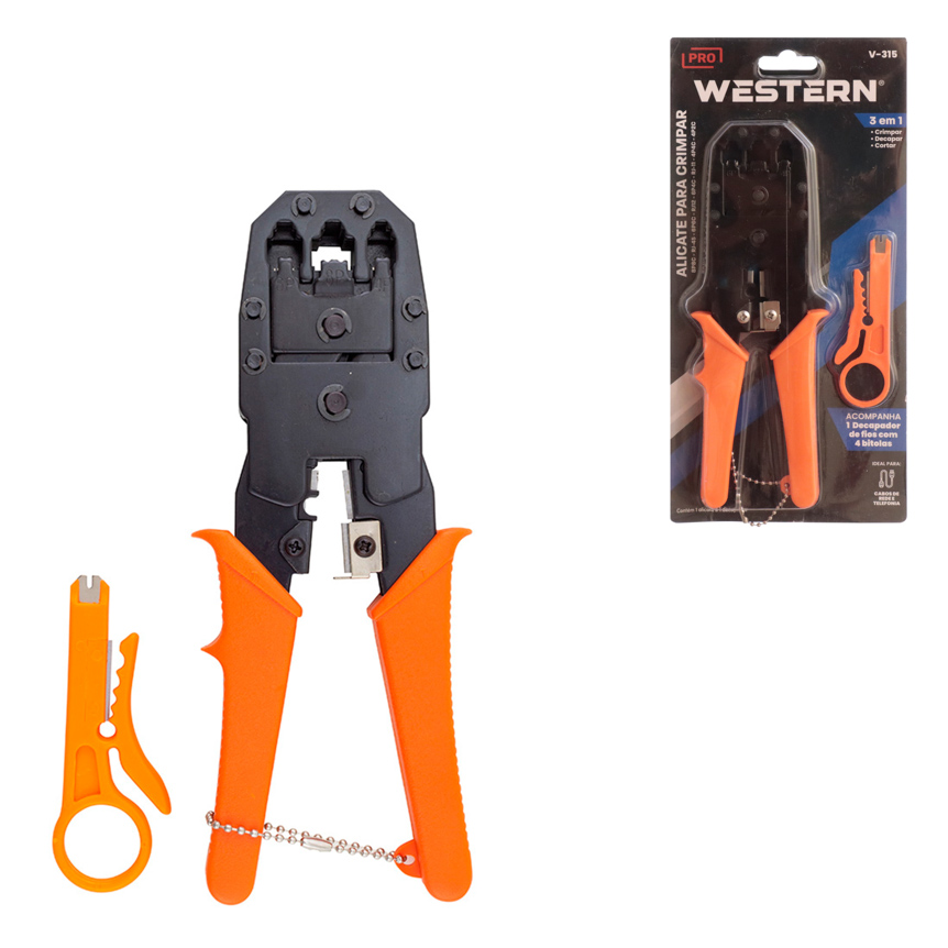ALICATE CRIMPADOR 3 EM 1 COM DECAPADOR DE FIOS LARANJA E PRETO 8"